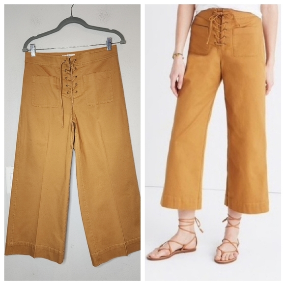 Madewell Highrise Wideleg Crop lace up mustard pants.  Stretch Twill. Size 6 - Picture 1 of 16
